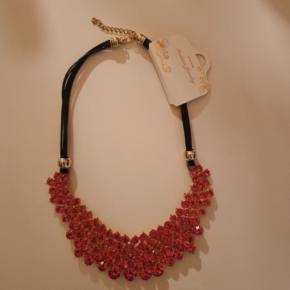 Red Rhinestone Statement Necklace Black Cord Bib Necklace Adjustable NWT